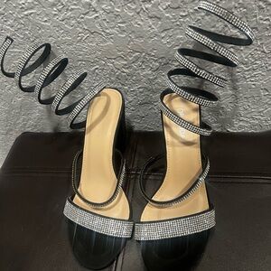 Elegant Black Strappy Heels with Rhinestone Detailing